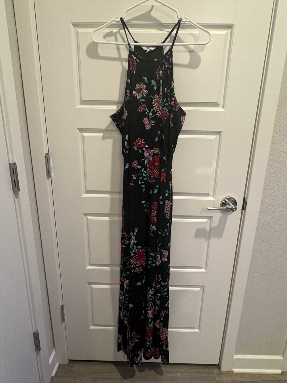 Candie’s Floral Halter Maxi Dress XL Black Pink Blue Double Slit Boho